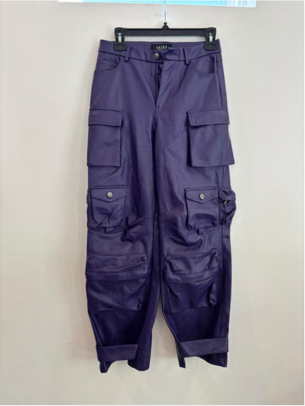 Akira Purple Faux Leather Cargo Pants Multi Pocket Wide Leg Streetwear S #S07
